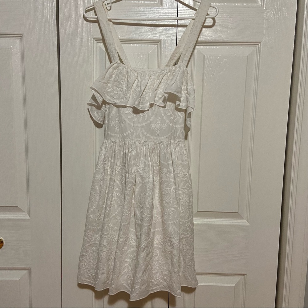 Madewell Embroidered Apron Ruffle Dress White Lace Criss Cross Back Size 10 - Picture 4 of 13